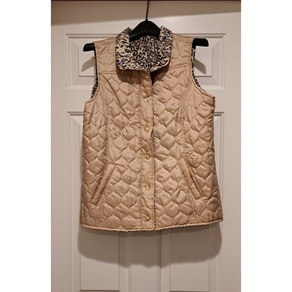 NEW Casual Identity Reversible Quilted Vest Gold Leopard Print Ladies S